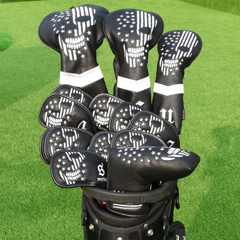caiobob mytag Skull Skeleton Golf Head Covers Black Synthetic Leather Golf Headcovers Set Fits Driver Fairway Wood Hybrid/Utility Putter Iron Wedge Headcover - Image 3